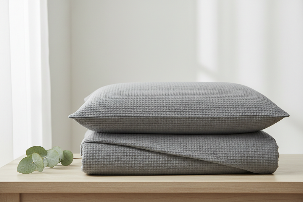 Grey seersucker duvet cover set folded and stacked on a wooden surface with eucalyptus
