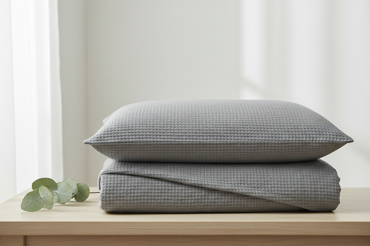 Grey seersucker duvet cover set folded and stacked on a wooden surface with eucalyptus