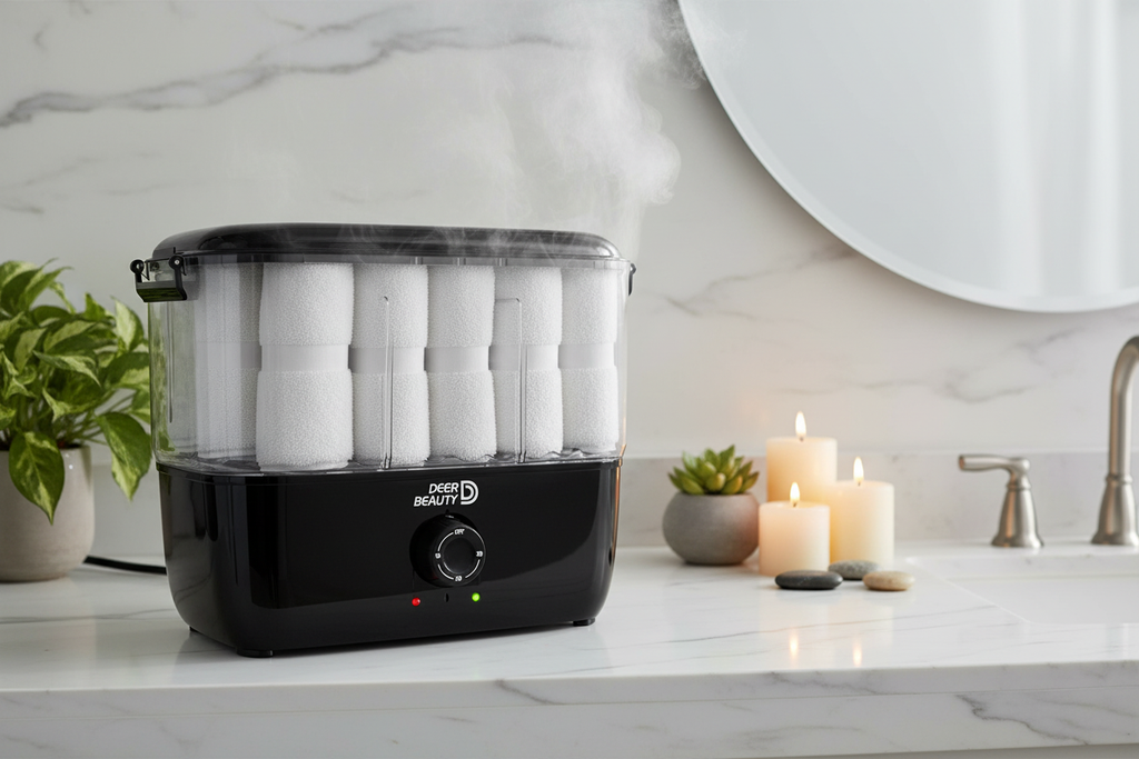 Black towel steamer warmer on a white marble bathroom countertop with steam rising in a spa-inspired home bathroom