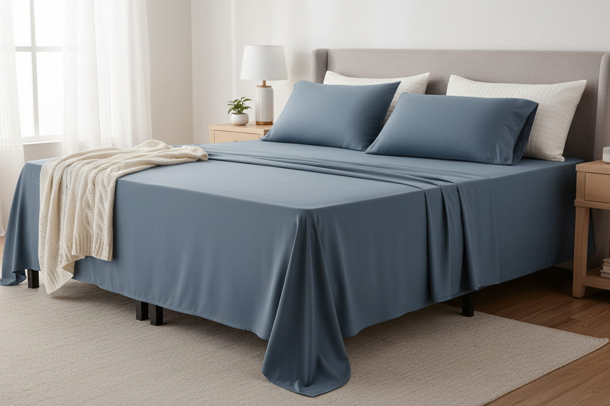 Steel blue extra deep split king sheet set on adjustable bed