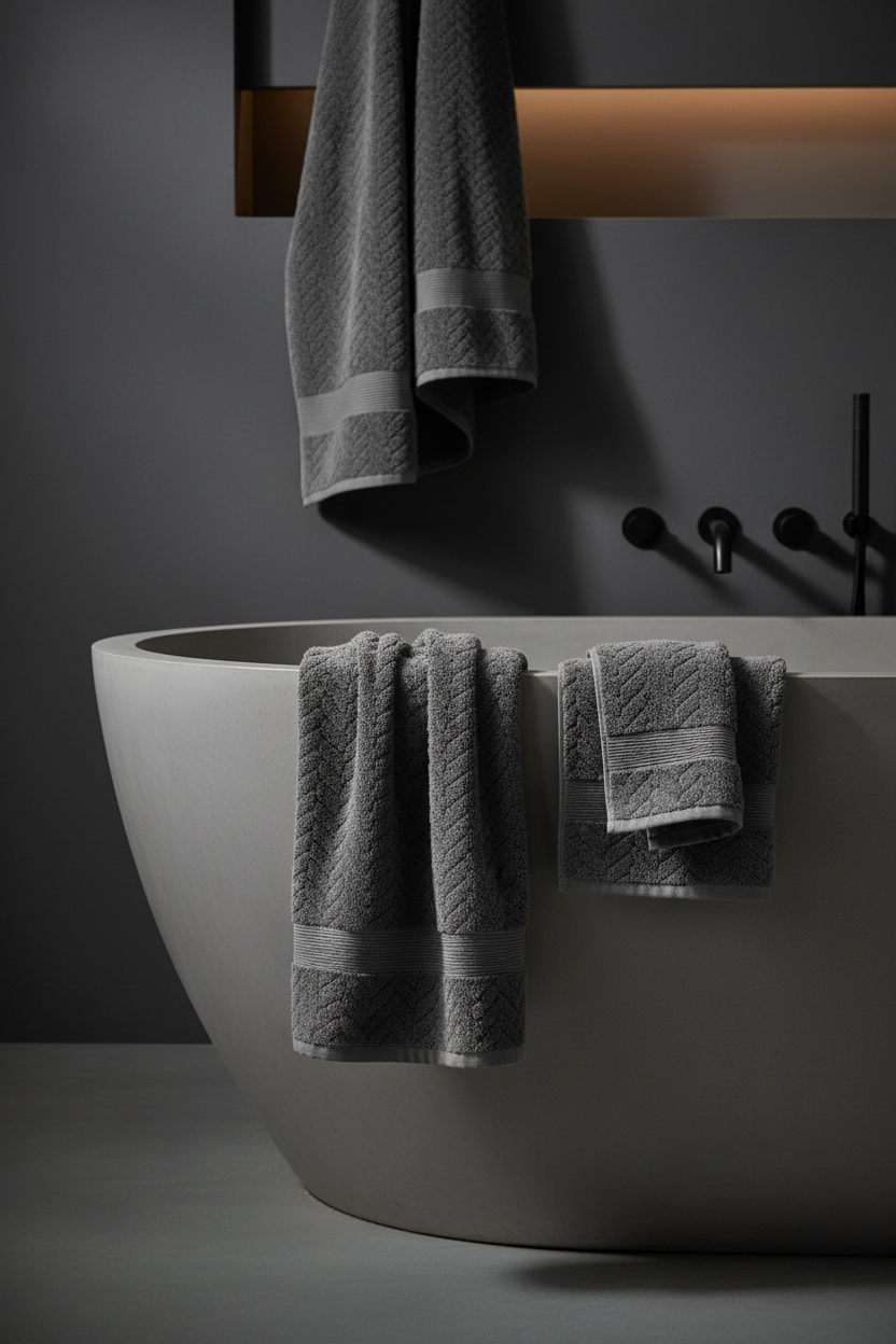 Charcoal grey oversized microfiber bath sheets draped over concrete freestanding bathtub