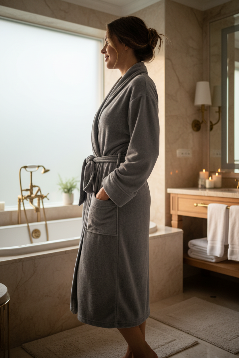 Pewter grey Turkish cotton bathrobe lifestyle shot showing tie waist and pockets