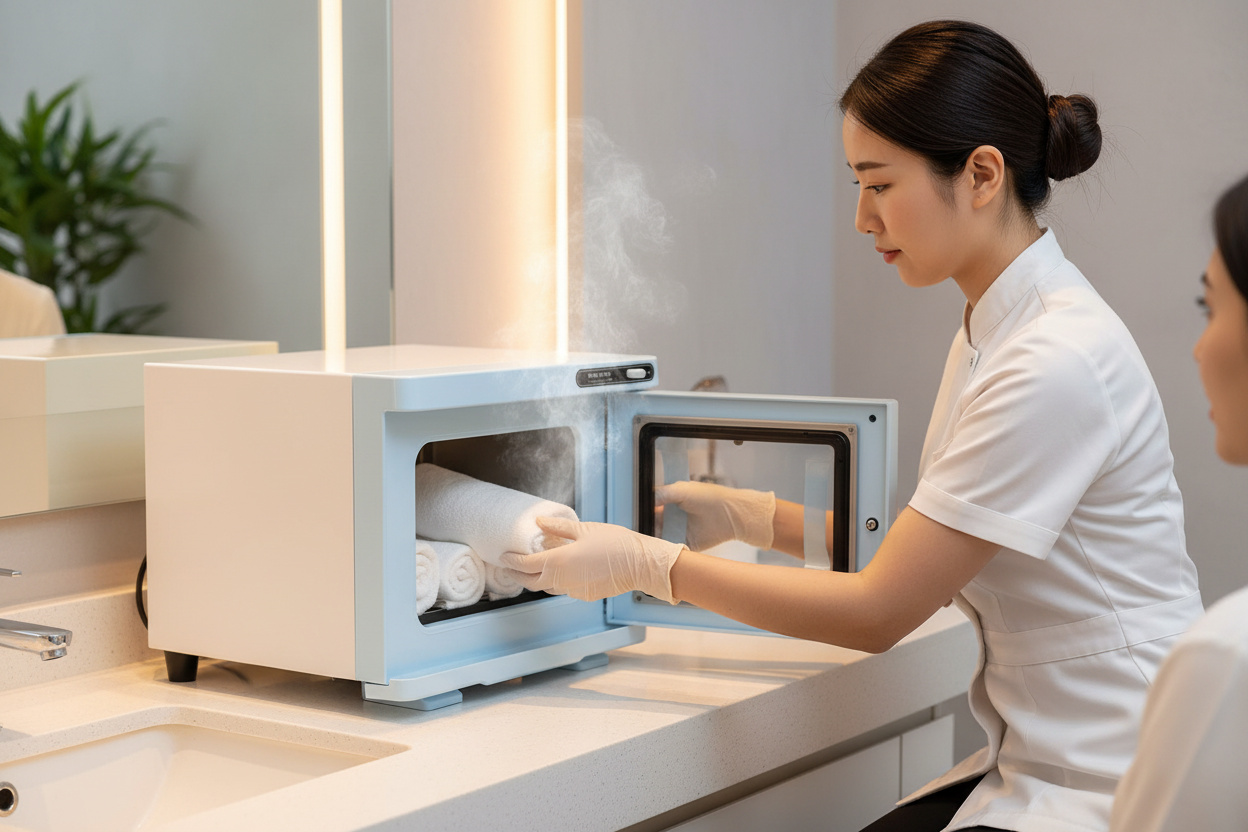 8L blue hot towel warmer cabinet - salon therapist removing warm rolled towel for client