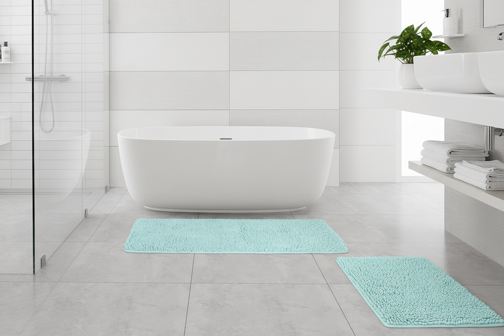 Aqua Chenille Bath Mat Set - Walk-in Shower