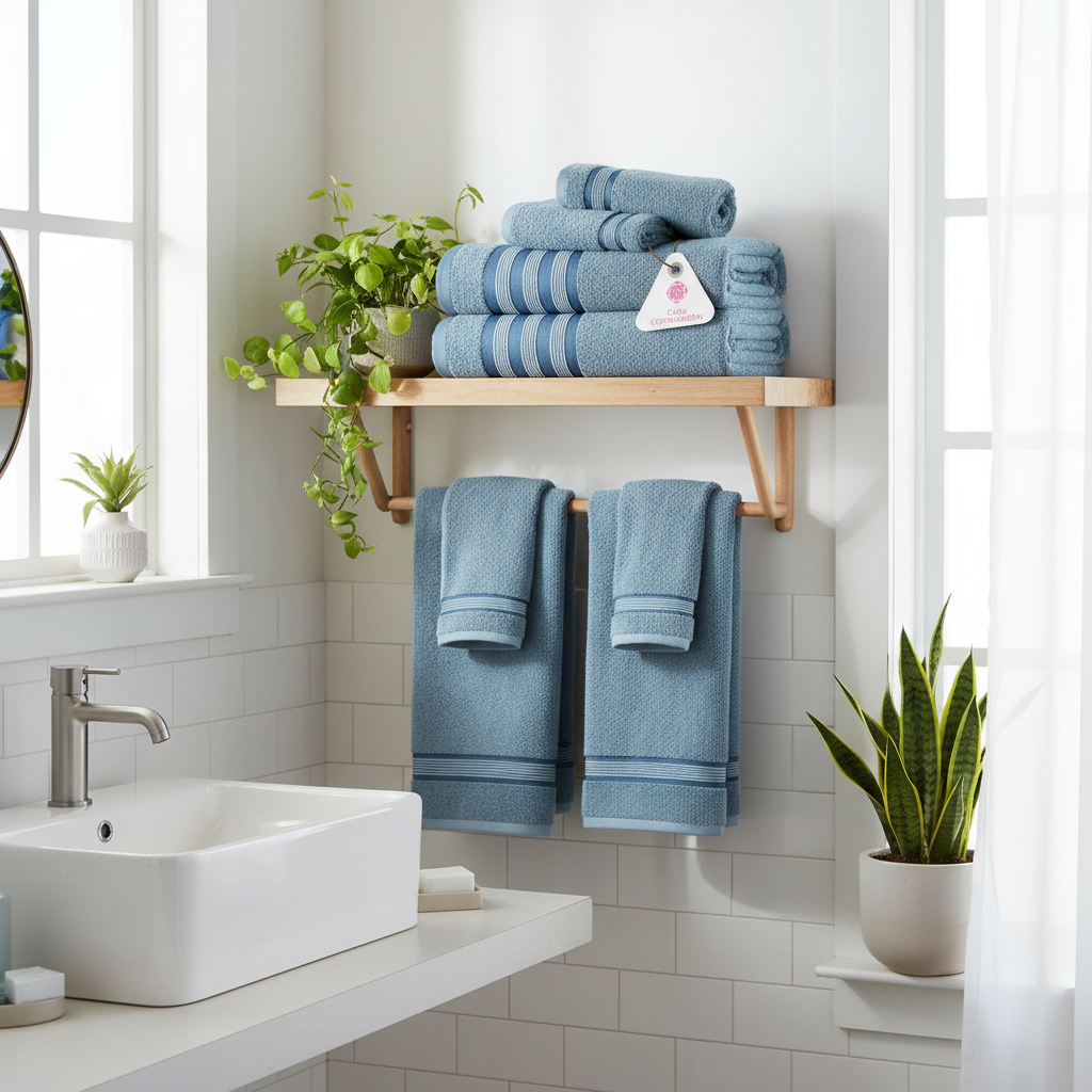 Dusty blue zero-twist cotton towels hanging on wooden towel rail in modern bathroom