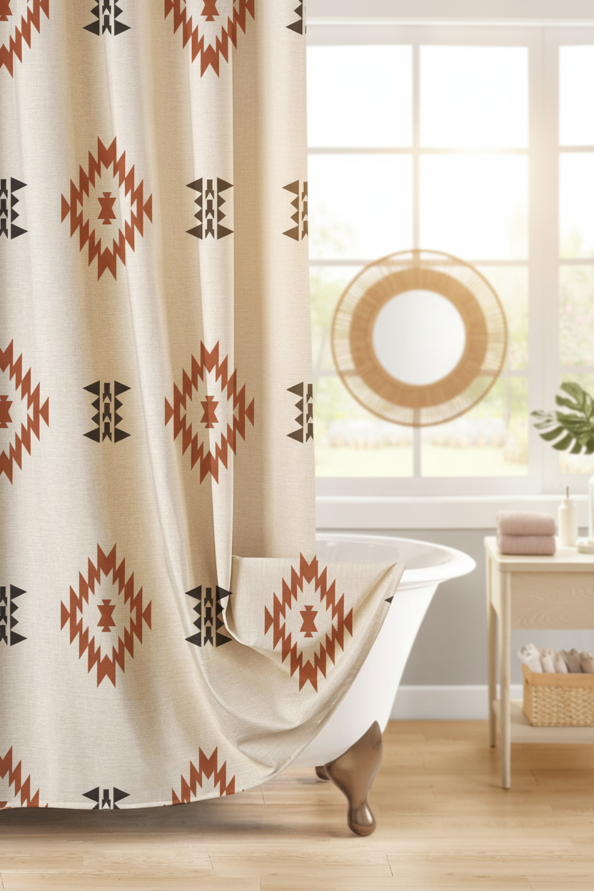 Close-up of Aztec linen shower curtain with terracotta and black geometric pattern in boho bathroom