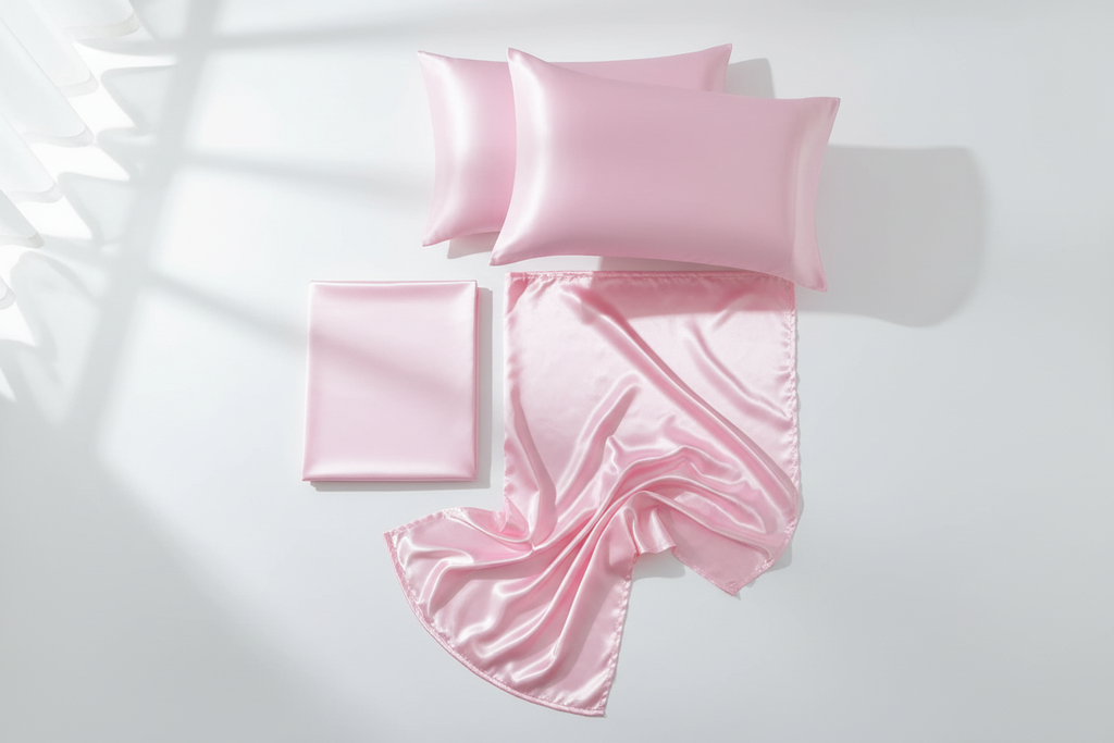 Pink satin 4-piece sheet set flat lay