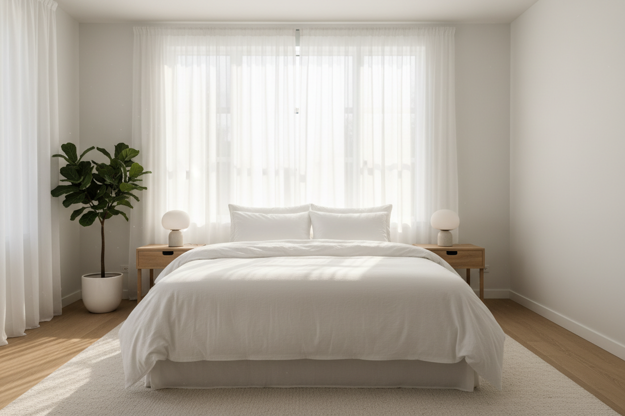 White muslin duvet cover set on a neatly made super king bed in a bright airy bedroom