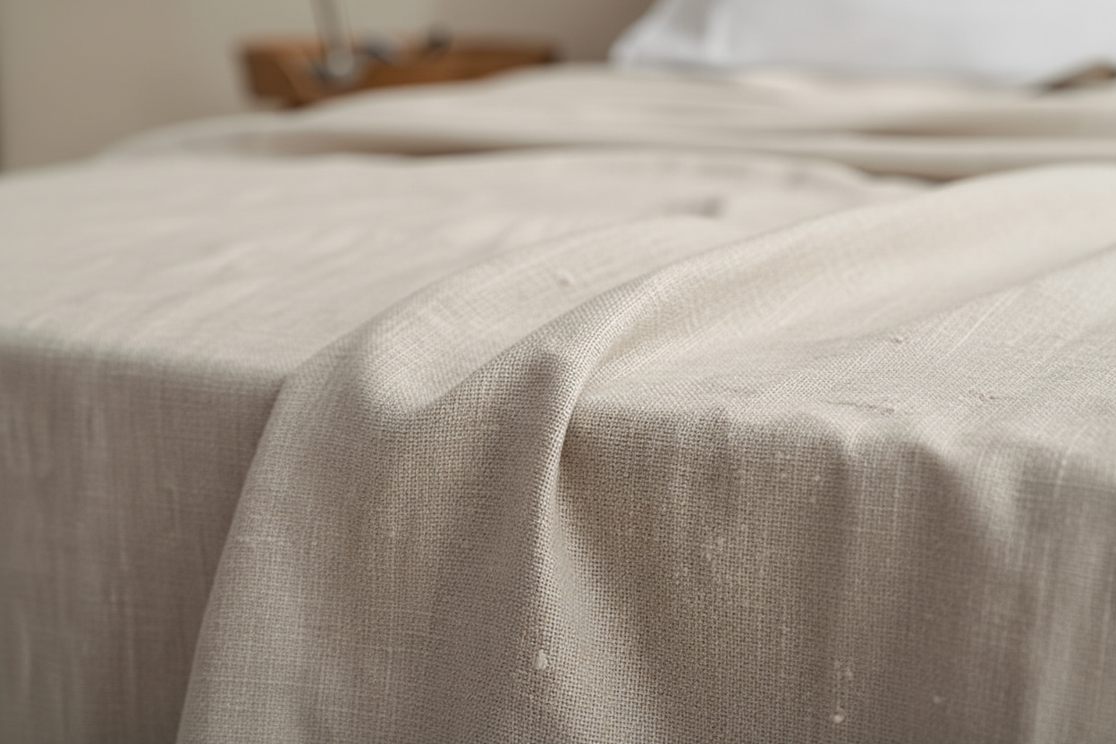 Close-up of natural linen fabric texture and weave