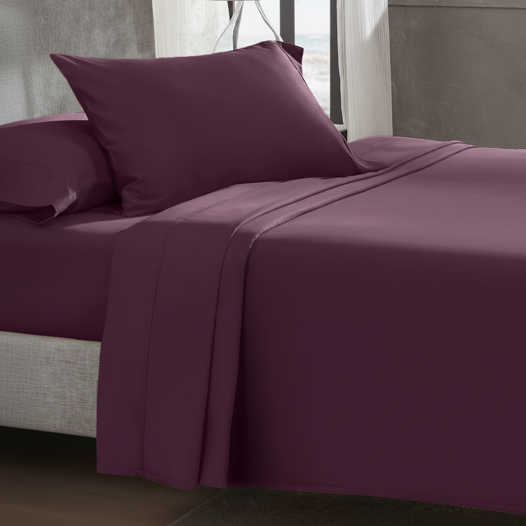400TC Sateen Twin Sheet Set in Soft Plum - 45 degree side drape view