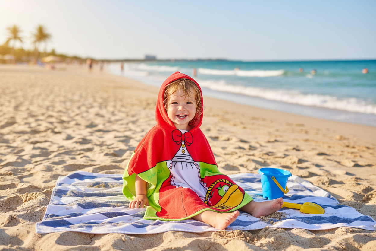 Little Red Riding Hood kids hooded poncho towel - toddler on beach with bucket and spade
