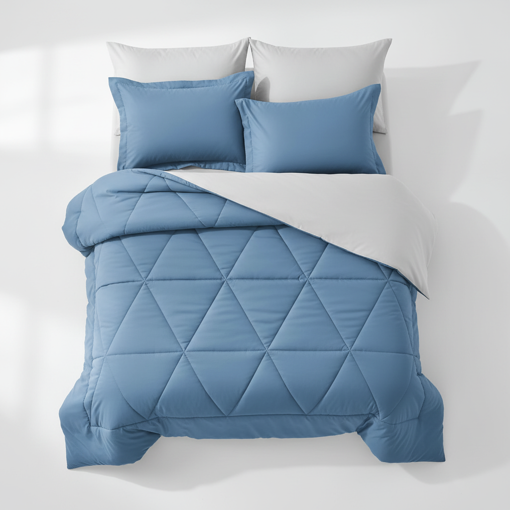 Blue and grey reversible microfibre king comforter flat lay showing full blue side with diamond quilted pattern, pillow shams and pillowcases arranged around it