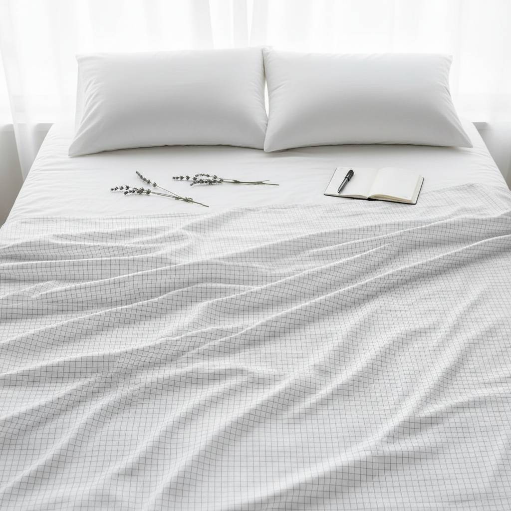 White grounding sheet morning ritual flat lay with lavender and journal