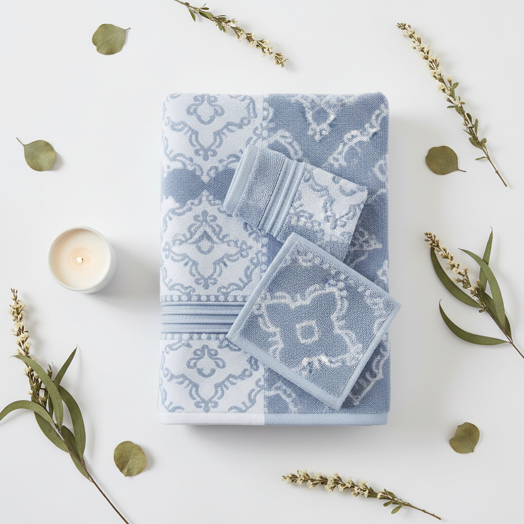 Blue jacquard towel set flat lay showing woven floral pattern