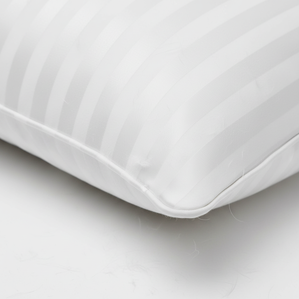 Close-up of luxury white goose down pillow showing cotton sateen stripe ticking fabric texture and plush fill