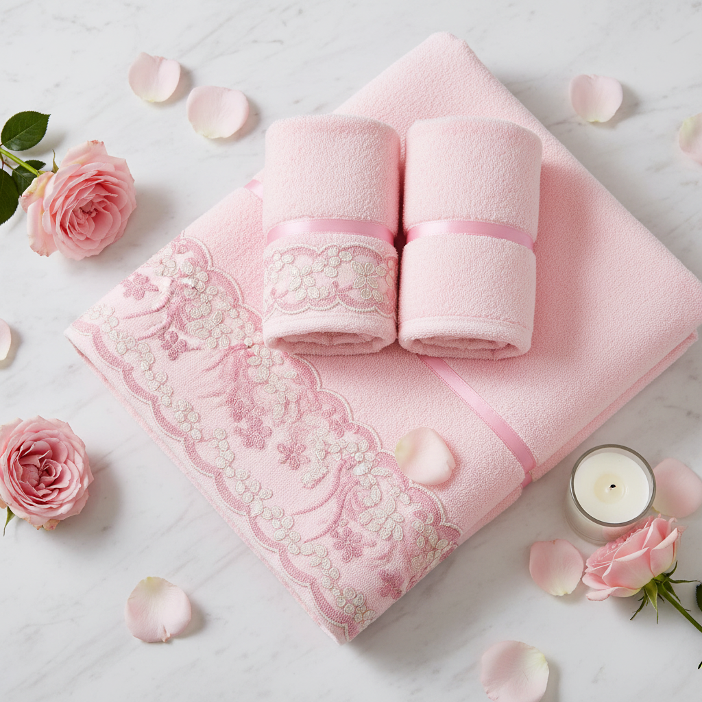 Pink lace towel set flat lay with rose petals and candle on white surface