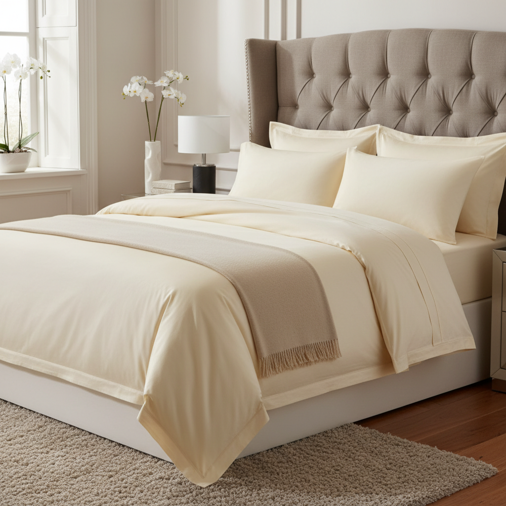 480TC Luxury Sateen Super King Sheet Set Cream - front view on made bed