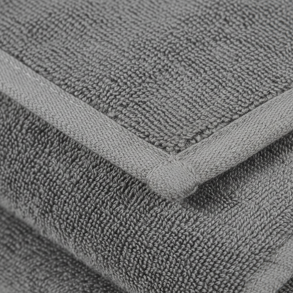 Close-up of thick terry cotton texture and double-stitched border on a grey Turkish bath towel