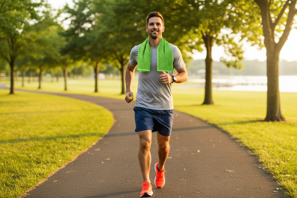 Man running outdoors on a sunny day with a green mesh cooling towel around his neck
