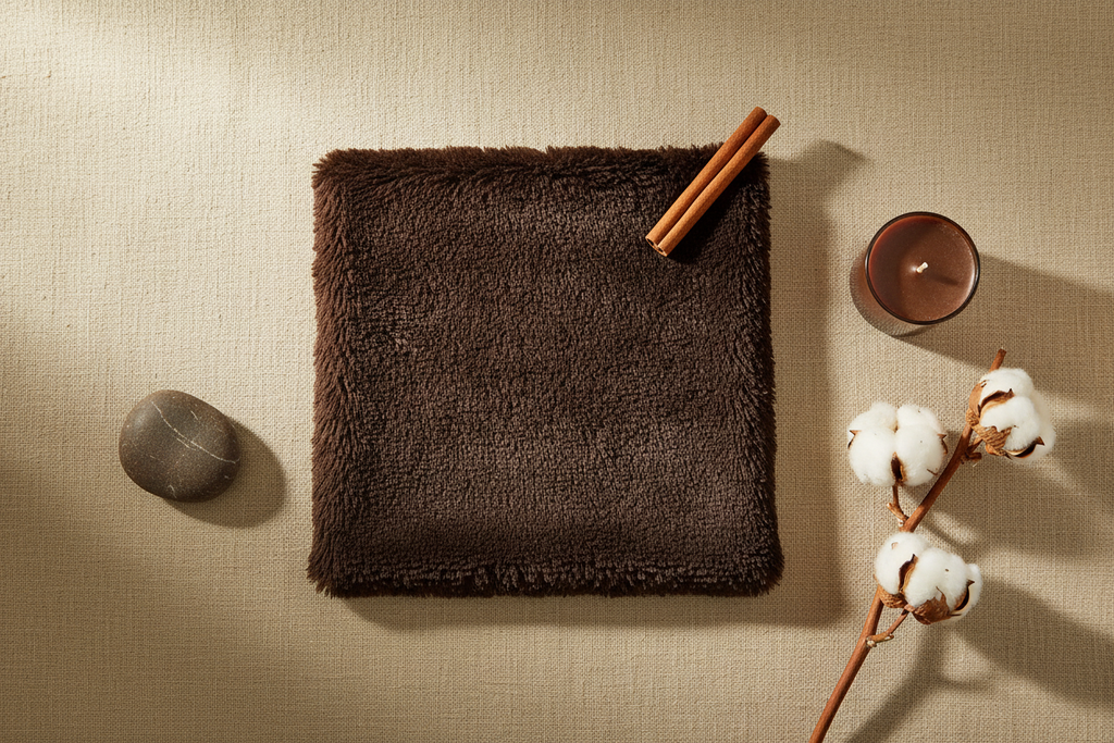 Autumnal flat lay of dark brown faux fur fabric with brown candle, cotton stem, pebble and cinnamon on linen