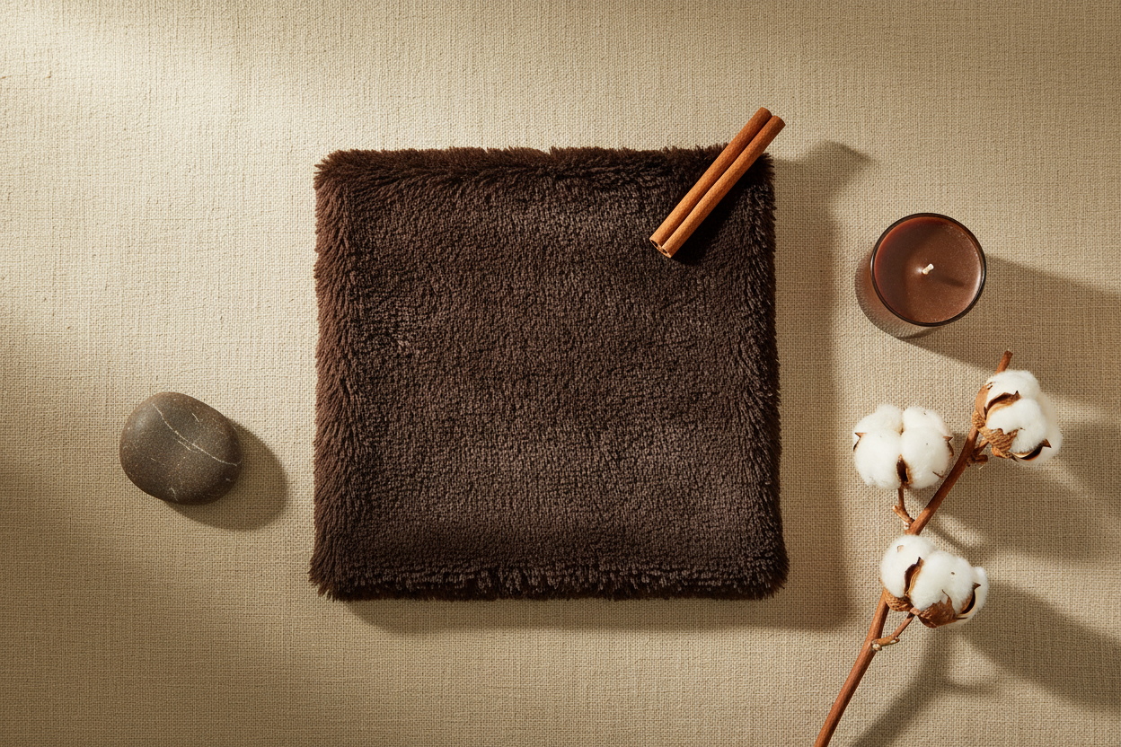 Autumnal flat lay of dark brown faux fur fabric with brown candle, cotton stem, pebble and cinnamon on linen