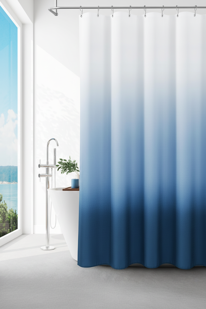 Blue ombre shower curtain partially drawn revealing white freestanding bath with candle and eucalyptus