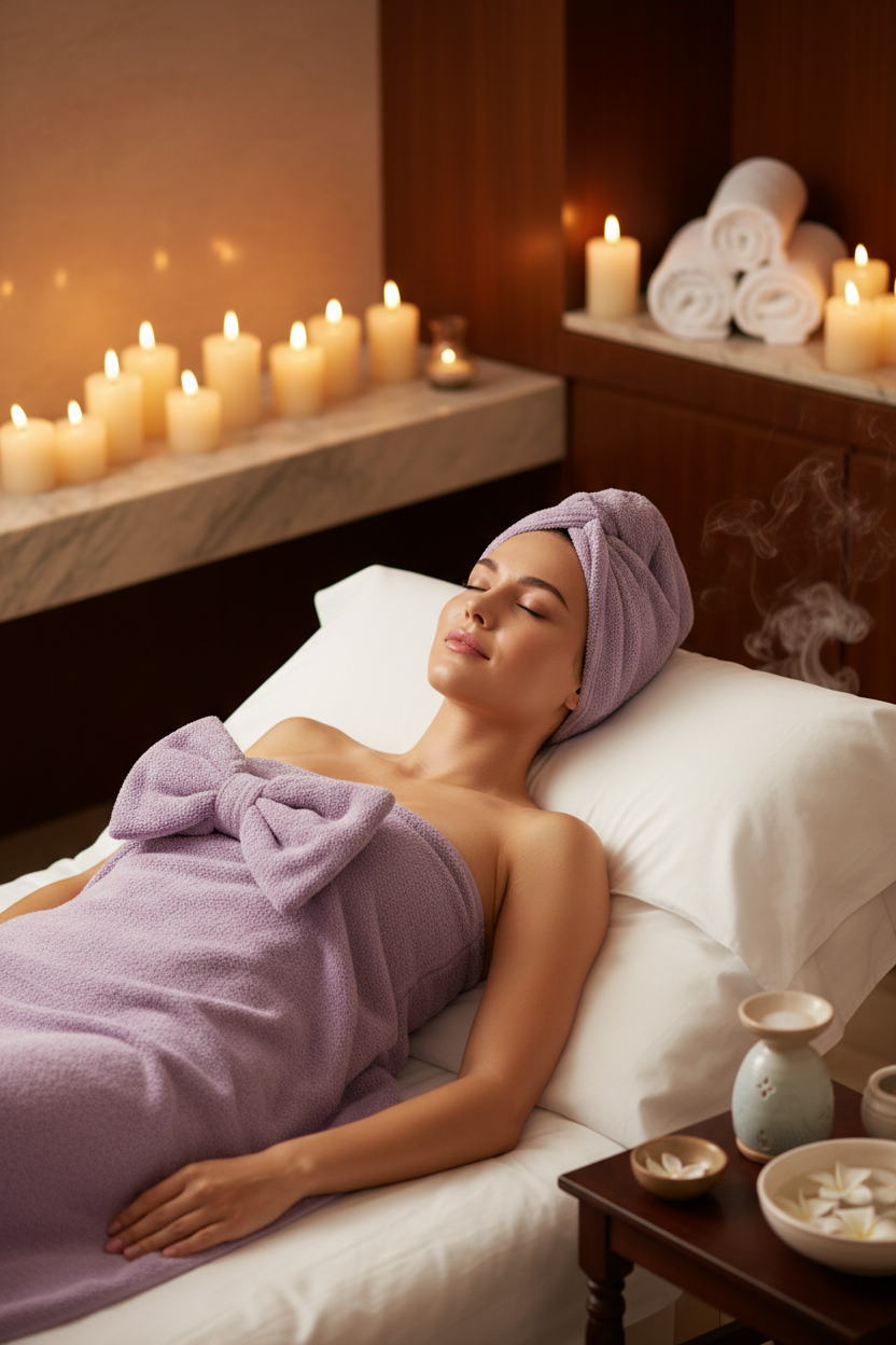 Women's purple bow body wrap towel and hair turban - relaxing on spa bed
