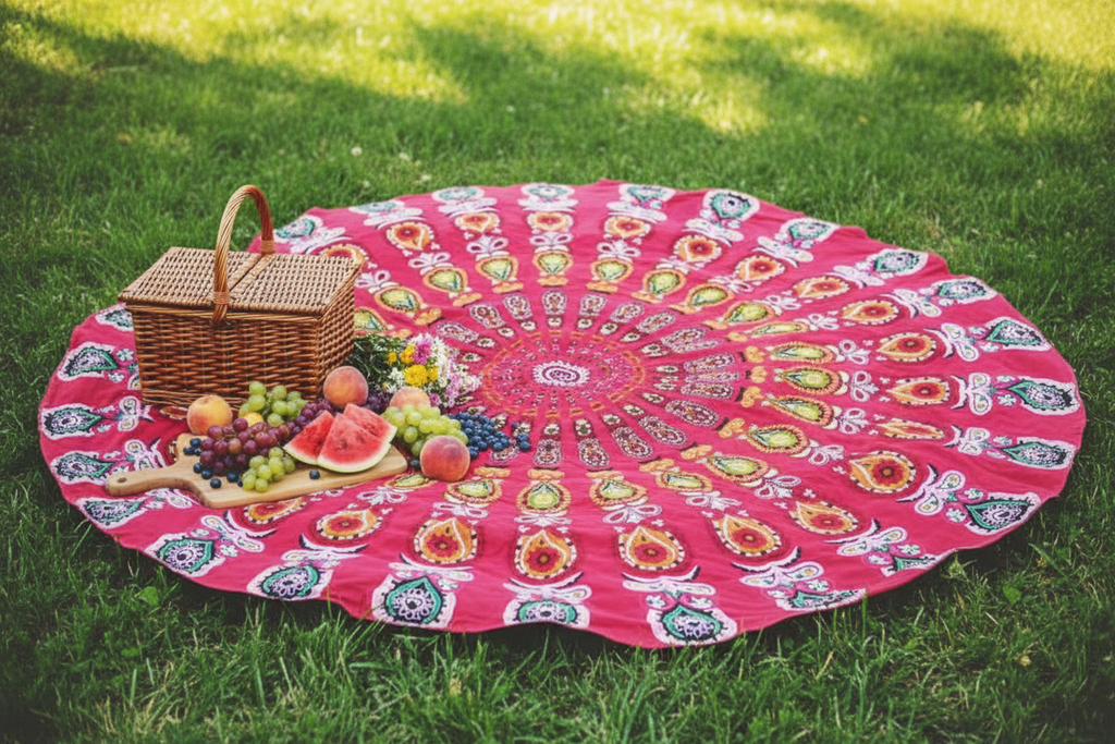 Red Mandala Beach Throw Blanket spread on grass for a picnic with basket and flowers