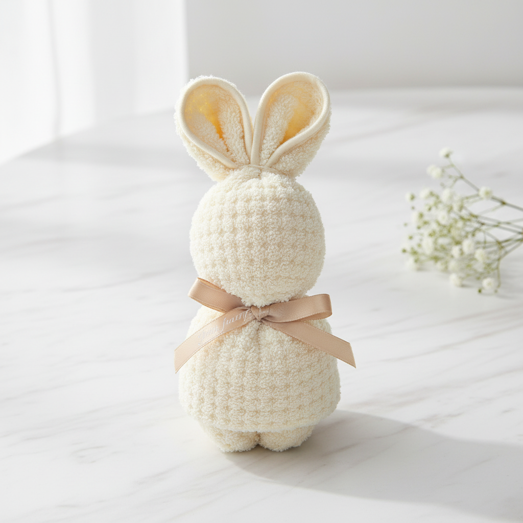 Close-up of a cream bunny-shaped waffle towel with satin ribbon bow showing soft waffle texture detail on white marble