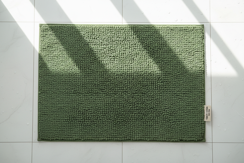 Fresh moss green Turkish cotton bath mat top-down flat lay