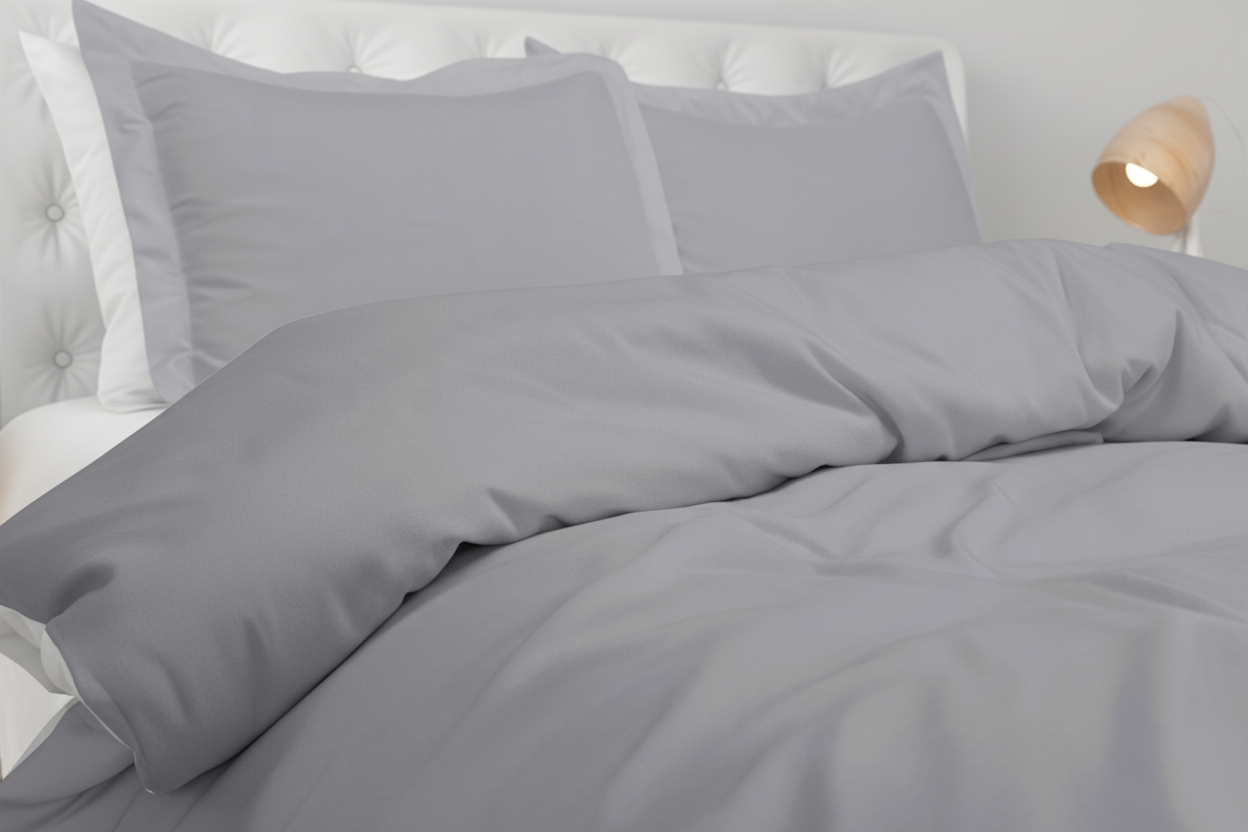 Close-up of silver grey brushed microfibre duvet cover showing smooth fabric texture in natural light