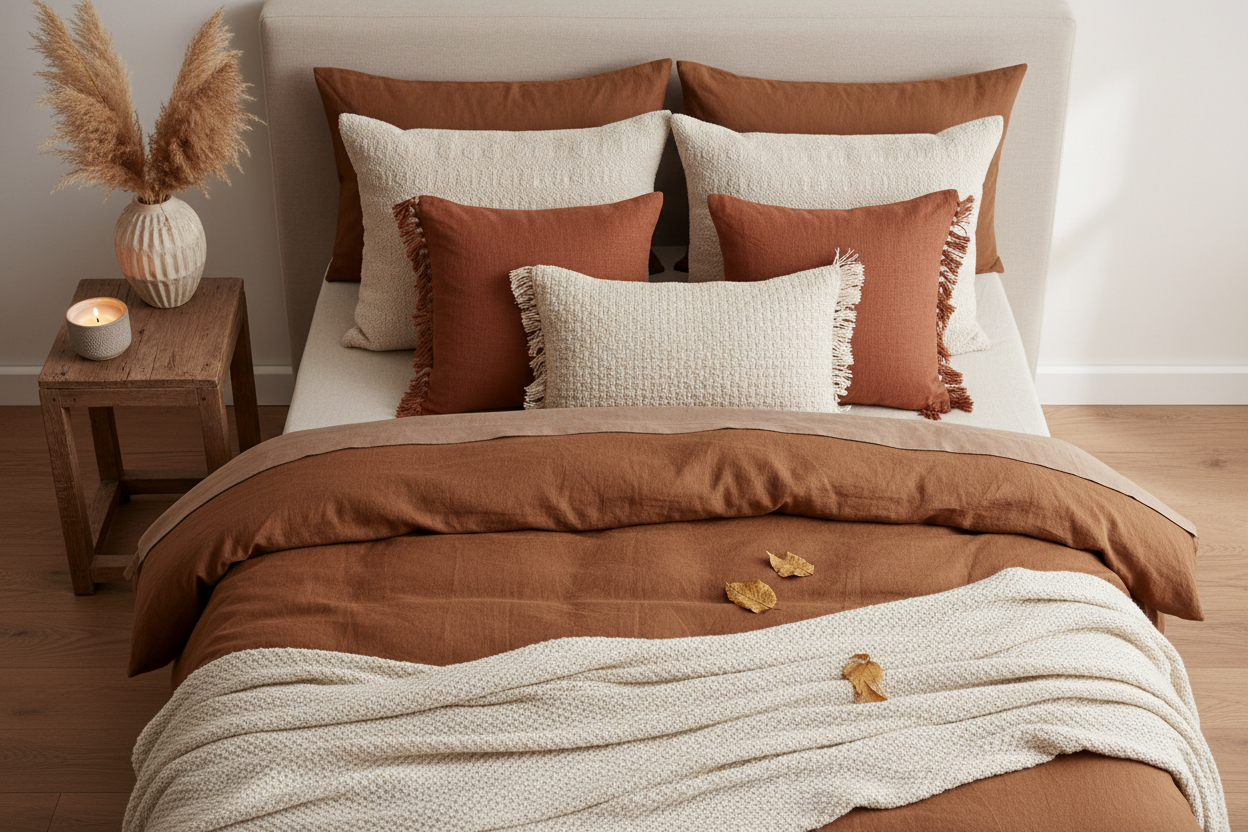 Styled bedroom flatlay with brown washed cotton duvet set, cream cushions and dried pampas grass