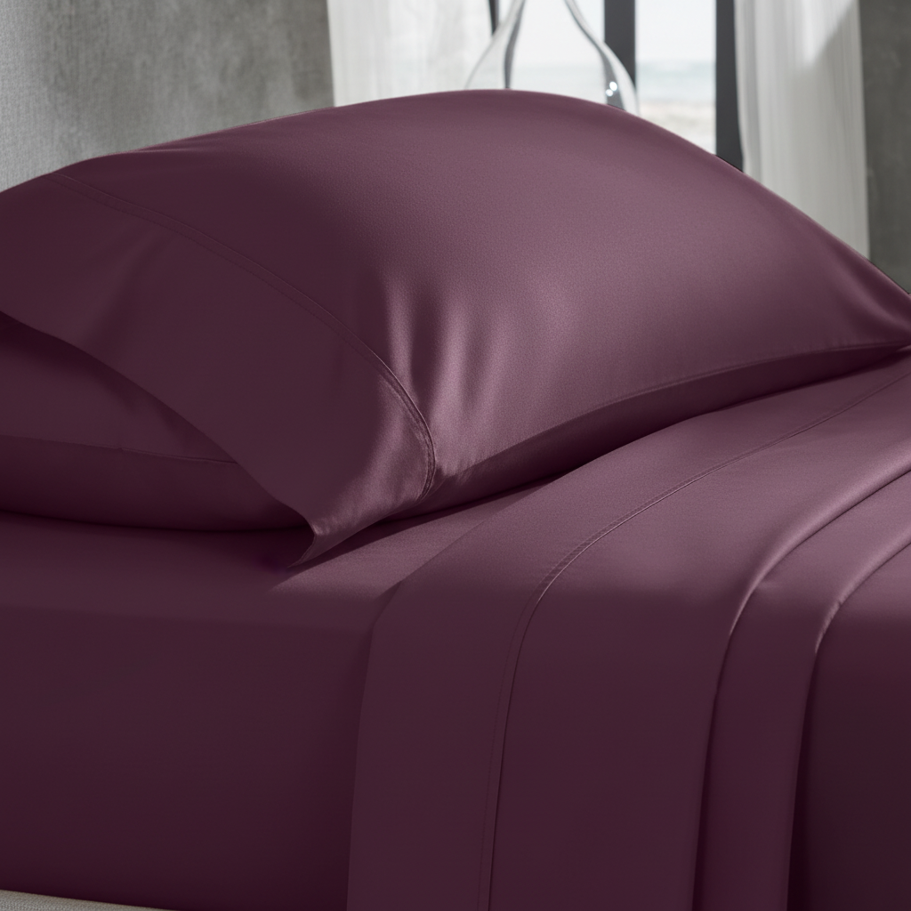 400TC Sateen Twin Sheet Set in Soft Plum - pillowcase close-up detail