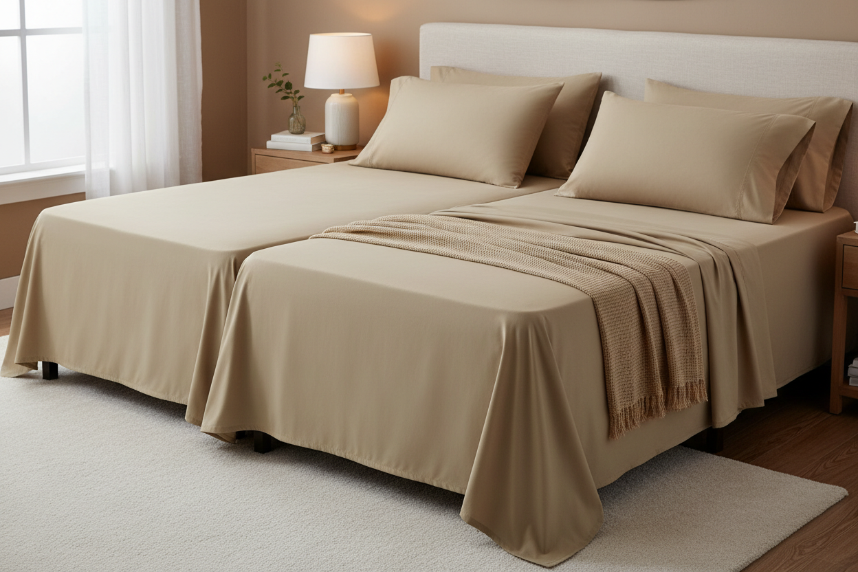 Khaki extra deep split king sheet set on adjustable bed