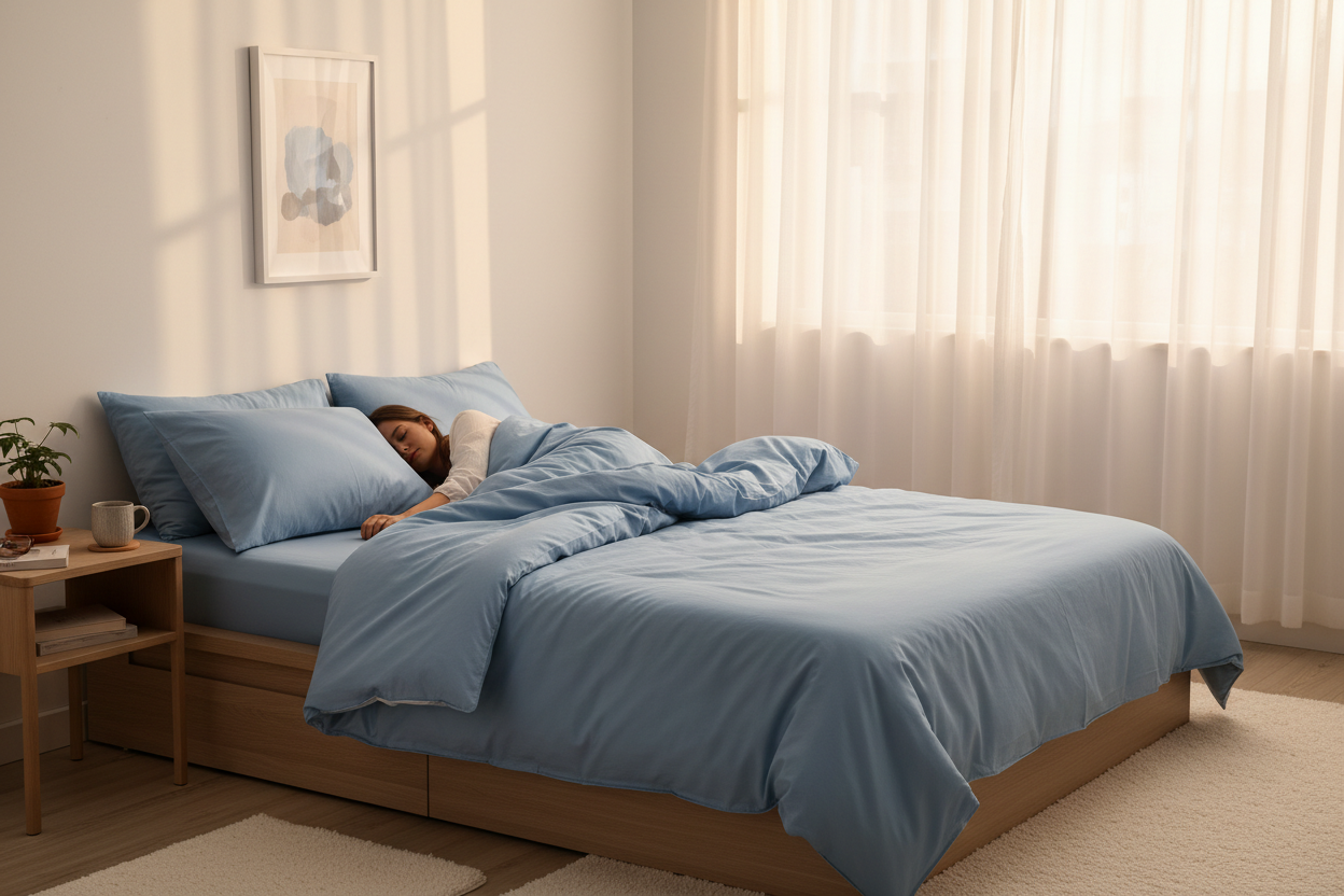 Lifestyle bedroom scene with sky blue bamboo viscose sheet set
