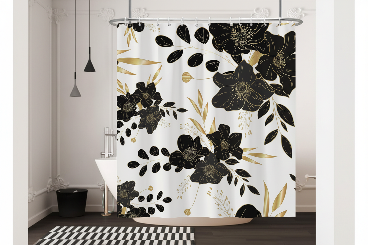 Black floral and gold leaf shower curtain on curved chrome rail over white bathtub