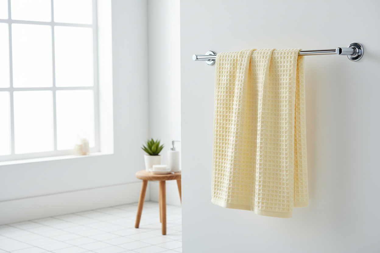 Yellow cotton waffle bath towel hanging on a chrome towel rail in a bright bathroom