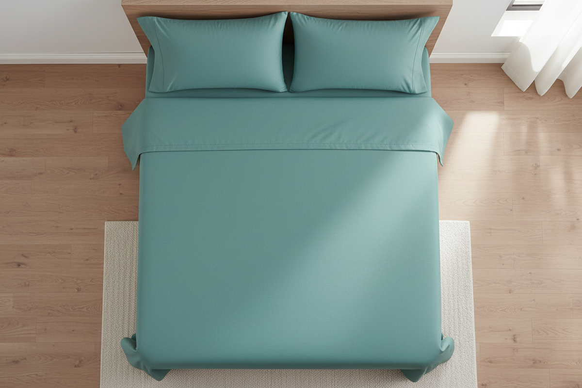 Top-down aerial view of sage green microfiber flat sheet on king bed