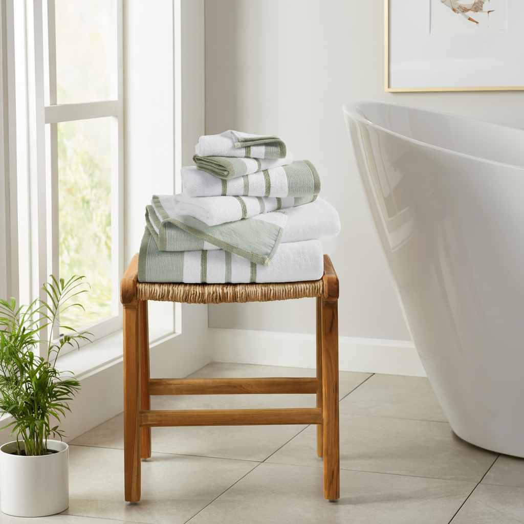 Sage green stripe combed cotton towel set stacked on woven wooden stool beside freestanding bath