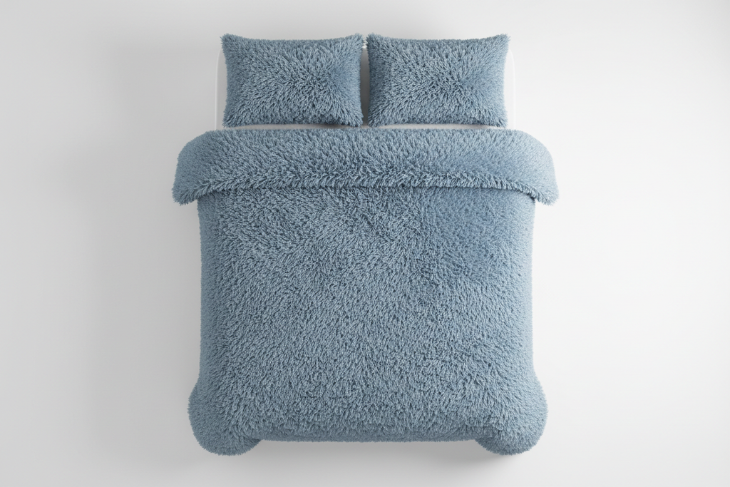Y2K Plush Duvet Cover Set in Blue Grey - Flat Lay