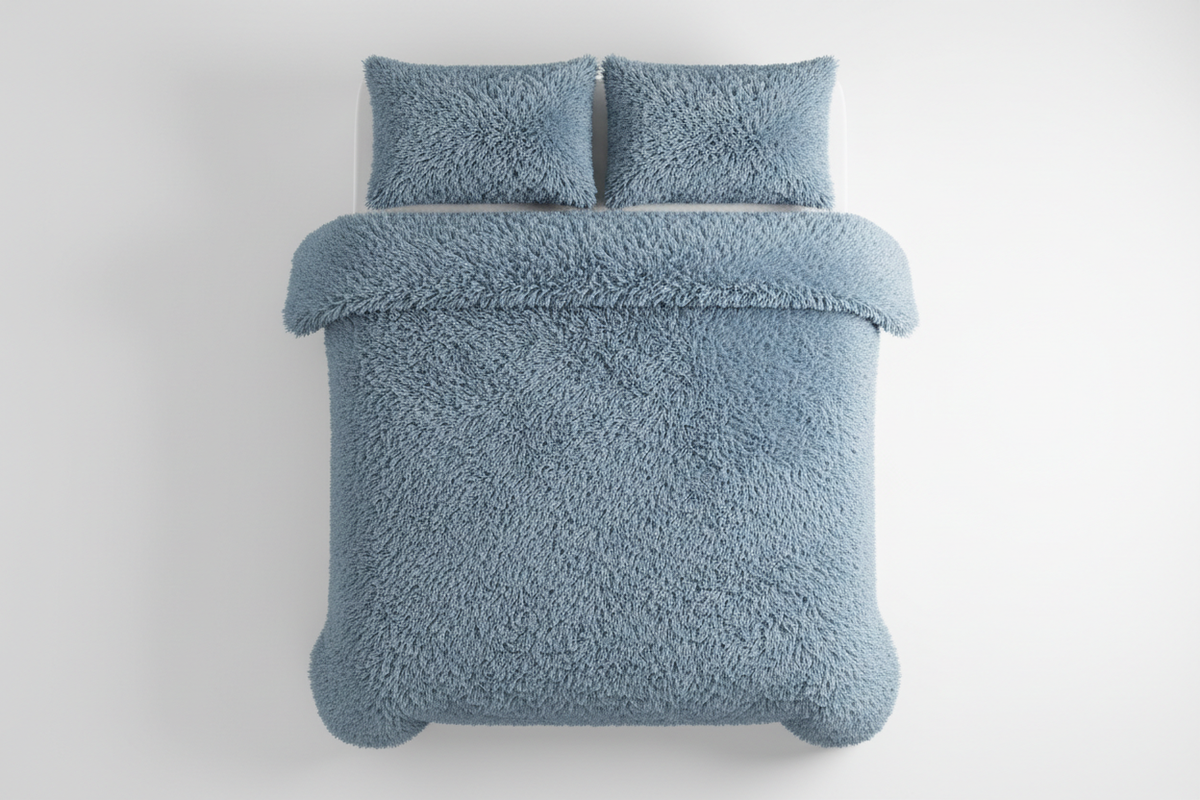 Y2K Plush Duvet Cover Set in Blue Grey - Flat Lay
