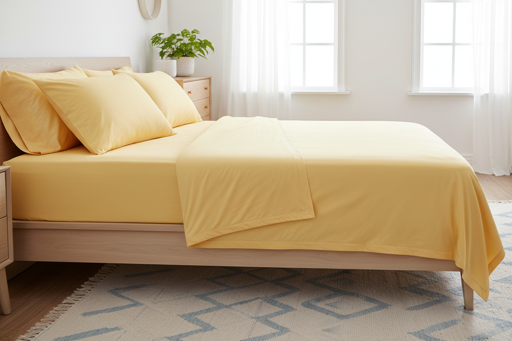Yellow extra deep split king sheet set on adjustable bed