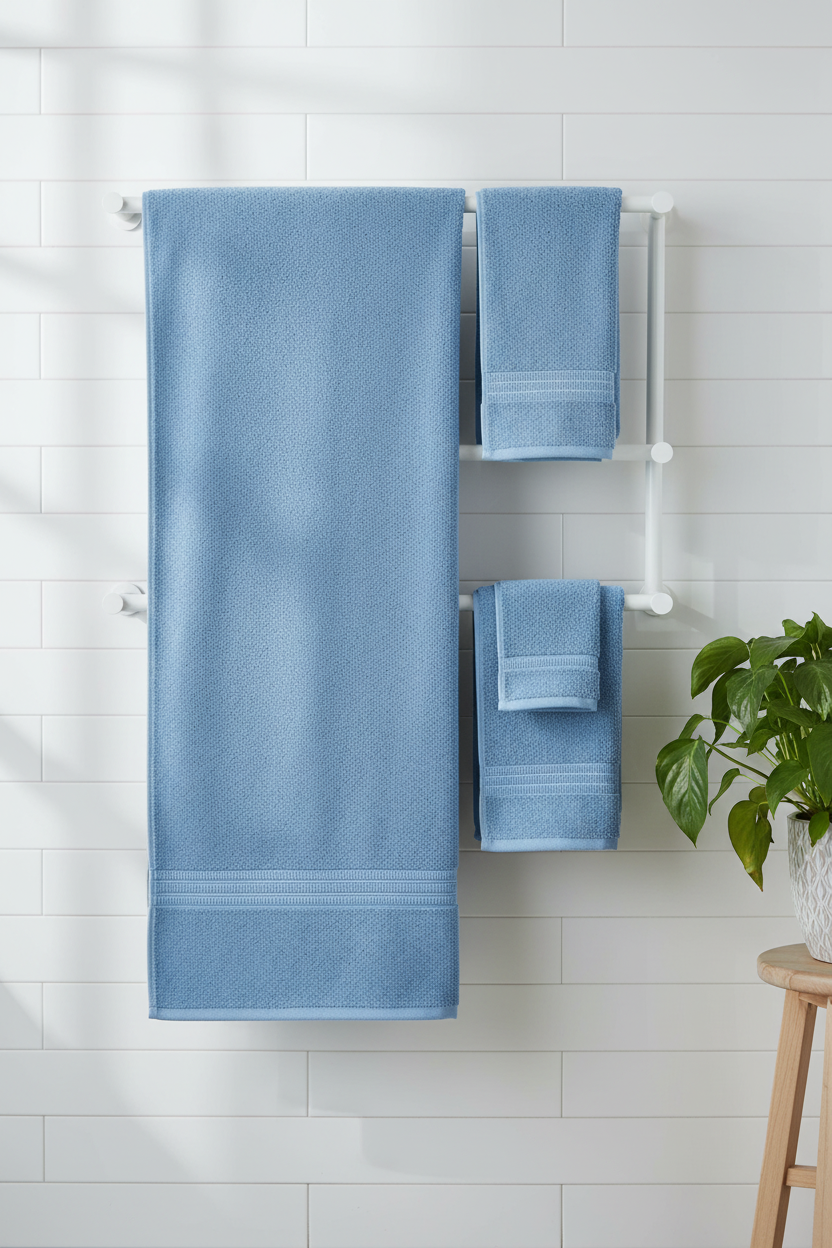 Sky blue organic cotton bath and hand towels hanging on white towel rail