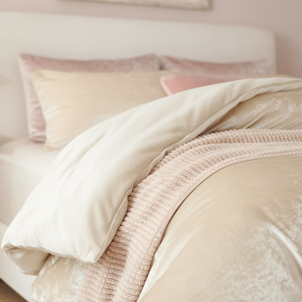 Close-up detail of champagne crushed velvet comforter edge and pillow sham showing fabric quality and sheen