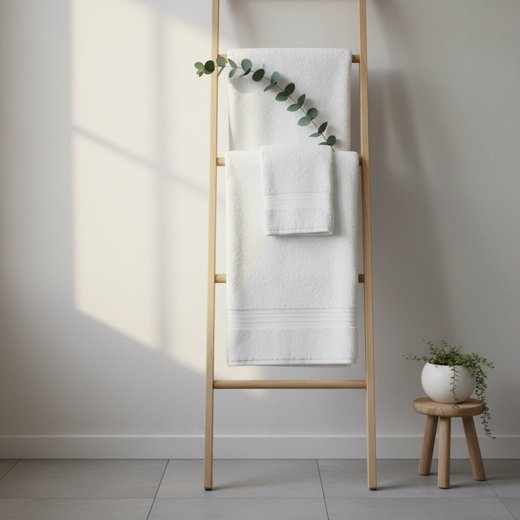 White organic cotton towels hanging on wooden ladder rack in Scandinavian bathroom